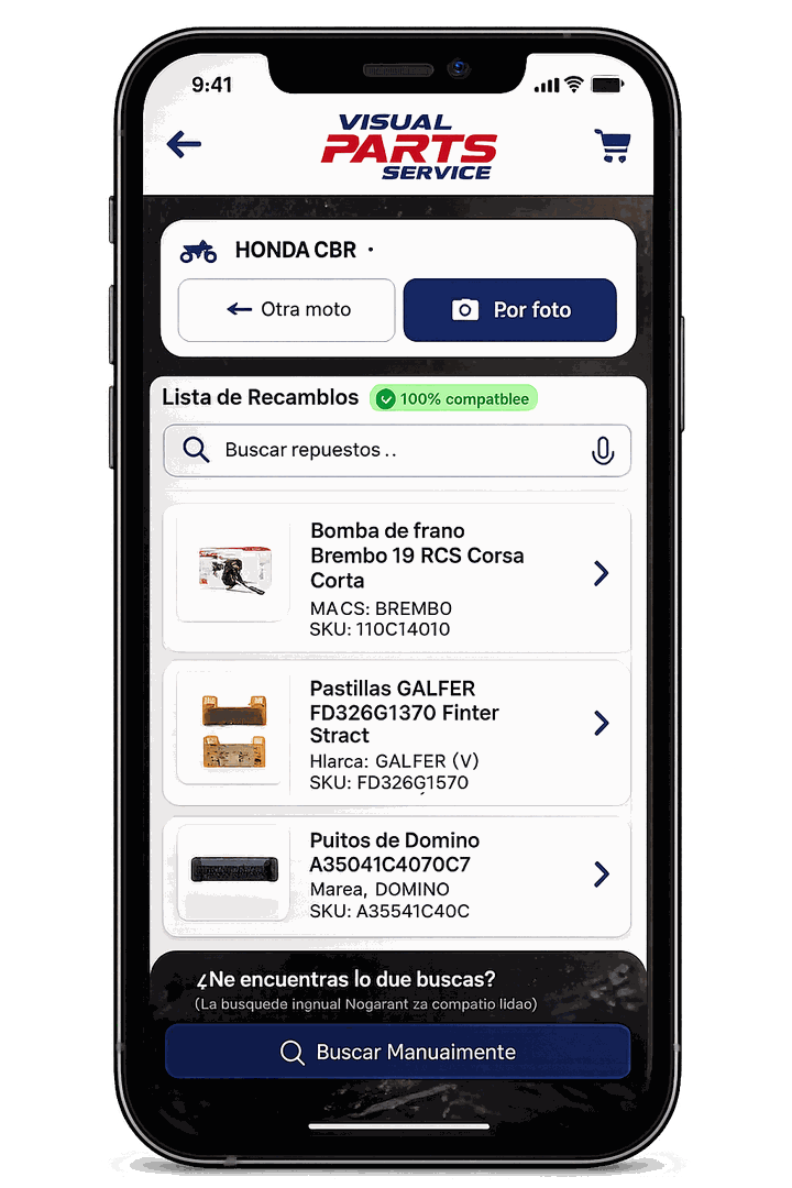 App Visual Parts Service mostrando los recambios compatibles con una Honda CBR